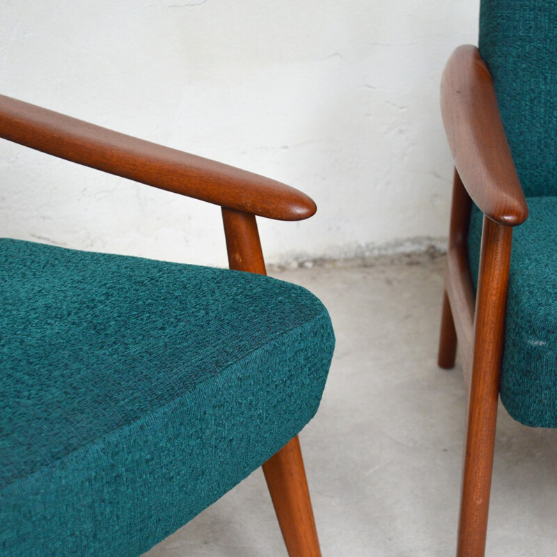 Set of 2 Danish green armchairs in teak - 1960