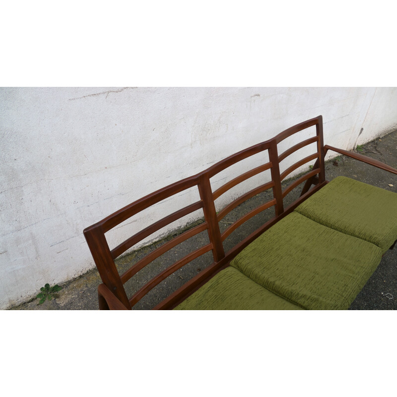 Scandinavian vintage teak and green velvet sofa, 1960