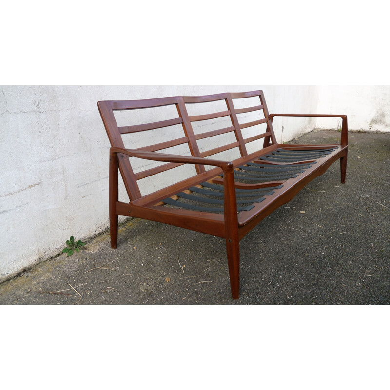 Scandinavian vintage teak and green velvet sofa, 1960