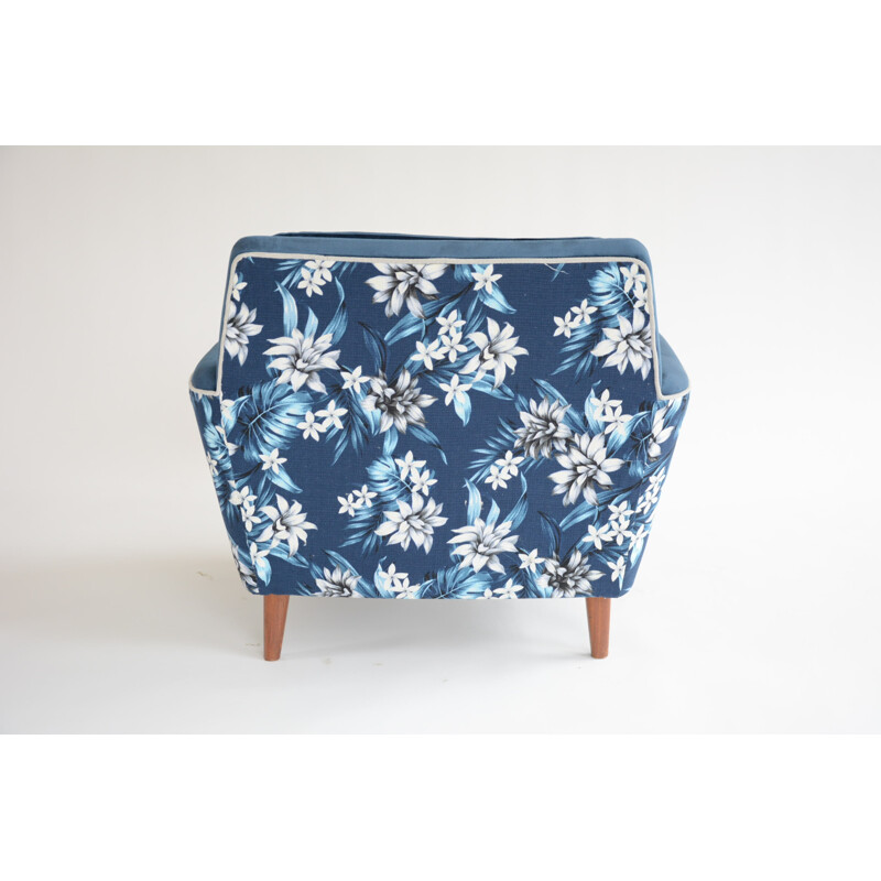 Vintage blue velvet square armchair - 1960s