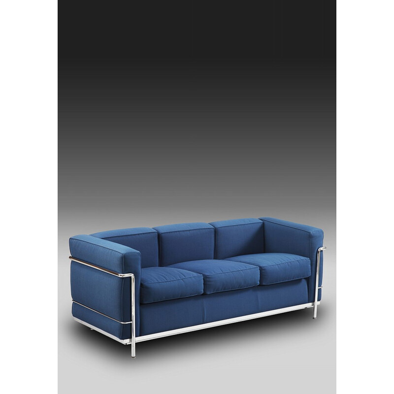 LC2 sofa in steel and blue fabric, LE CORBUSIER, PERRIAND and JEANNERET - 2000s