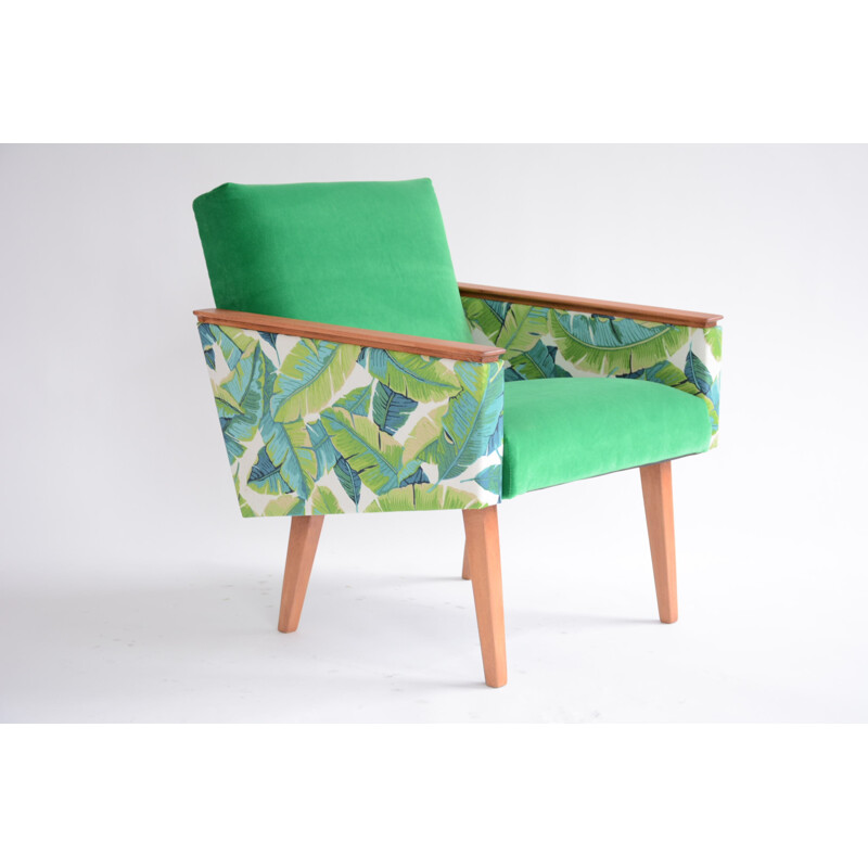 Vintage cube armchair with banana leaves fabric - 1960s