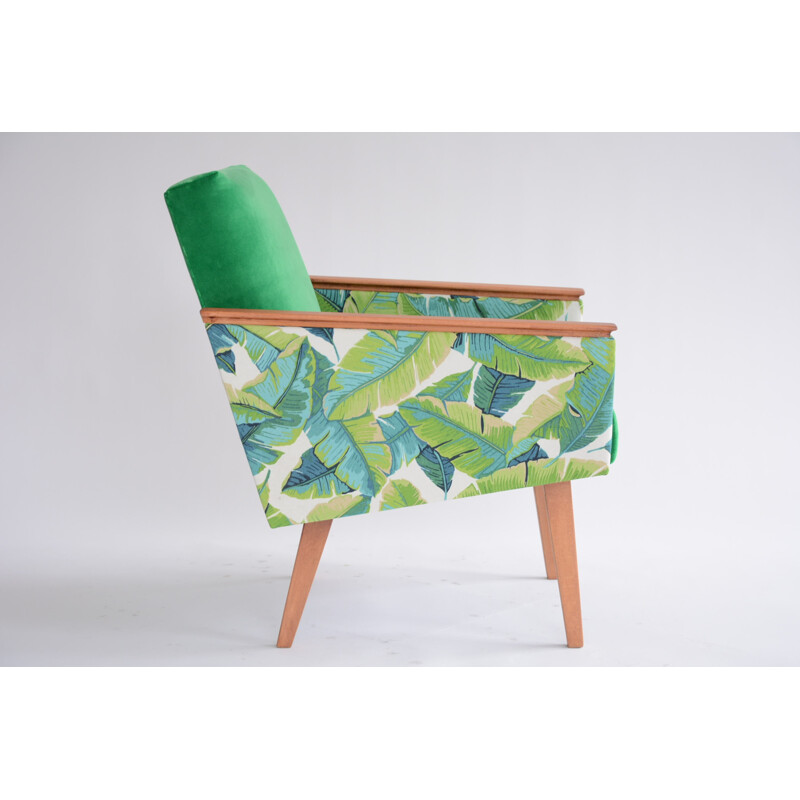 Vintage cube armchair with banana leaves fabric - 1960s