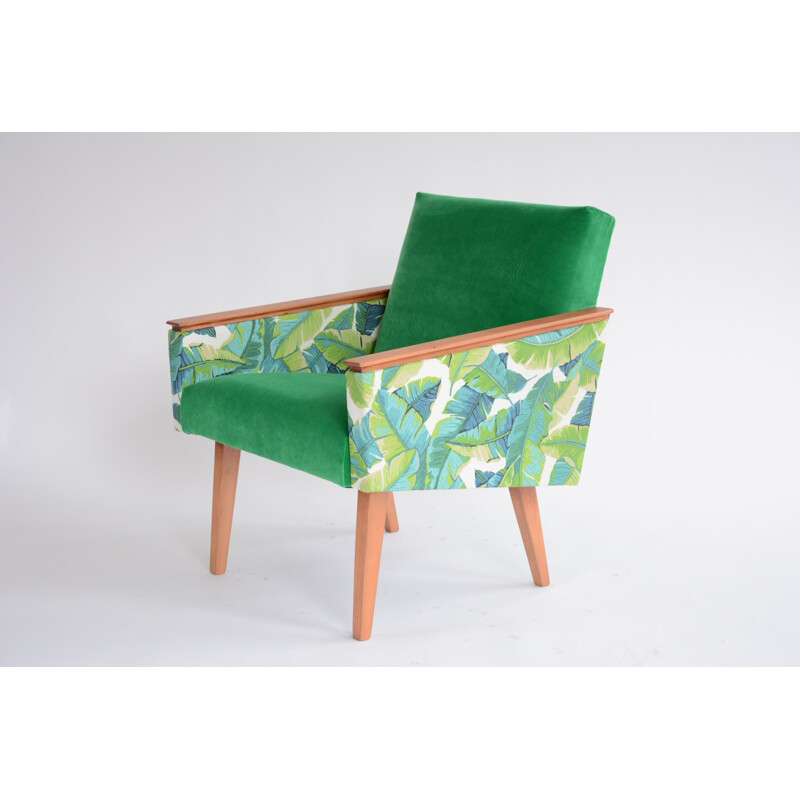 Vintage cube armchair with banana leaves fabric - 1960s