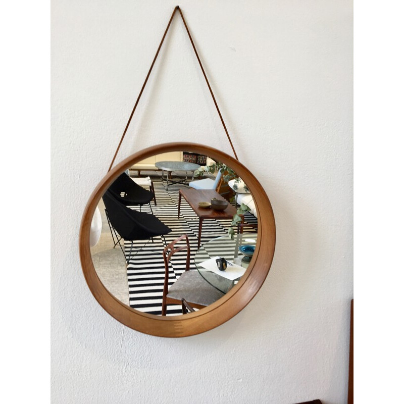 Miroir Circulaire vintage en Teck avec sangle en Cuir par Pedersen Hansen - 1960