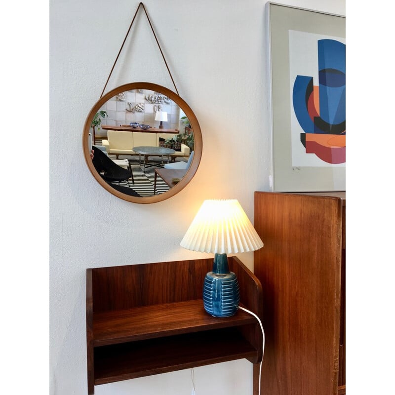 Miroir Circulaire vintage en Teck avec sangle en Cuir par Pedersen Hansen - 1960