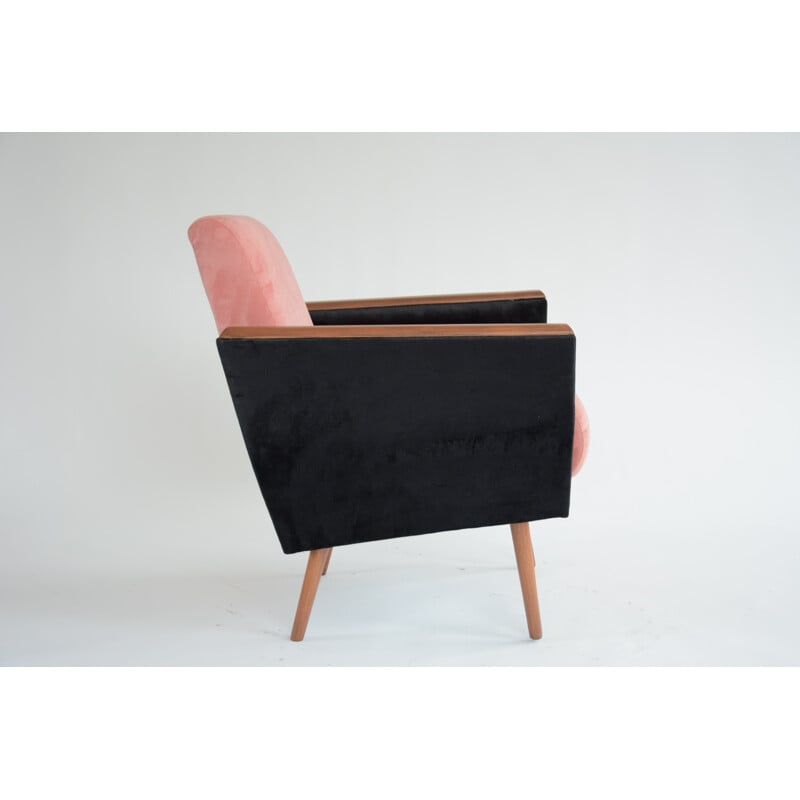 Vintage square armchair in Pink and black velvet - 1960s