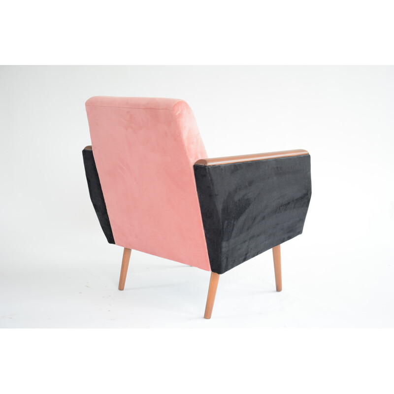 Vintage square armchair in Pink and black velvet - 1960s