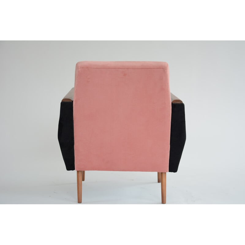 Vintage square armchair in Pink and black velvet - 1960s