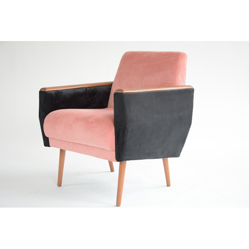 Vintage square armchair in Pink and black velvet - 1960s