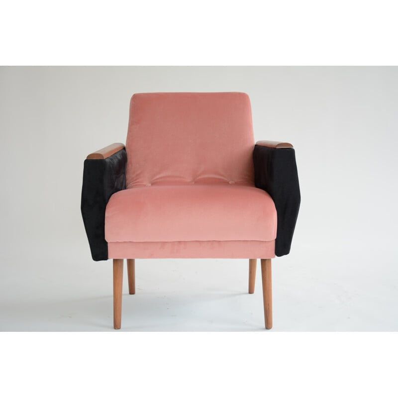 Vintage square armchair in Pink and black velvet - 1960s