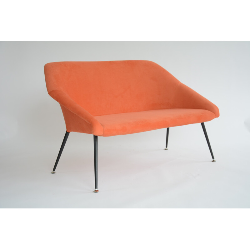 Vintage 2-seater shell bench in powder orange - 1970s