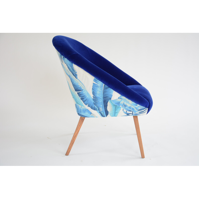 Vintage "Shell" armchair with exotic blue fabric - 1960s