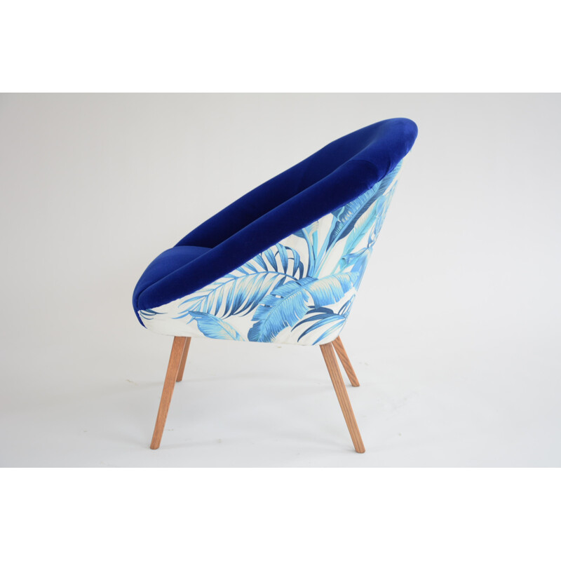 Vintage "Shell" armchair with exotic blue fabric - 1960s