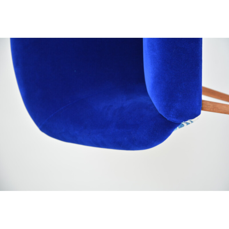 Fauteuil "coquille" vintage à tissu bleu exotique - 1960