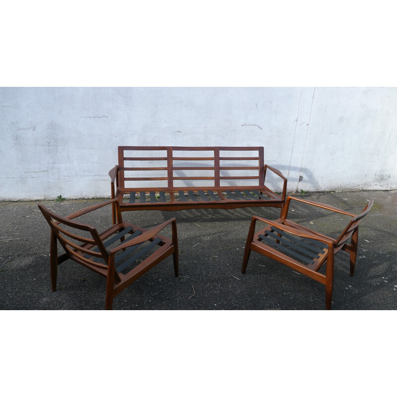 Pair of scandinavian armchairs in teak and green velvet - 1960s