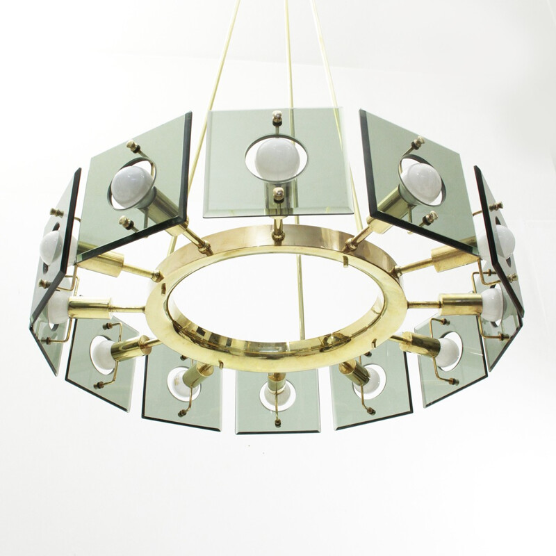 Vintage brass 12 lights chandelier by Gino Paroldo - 1950s
