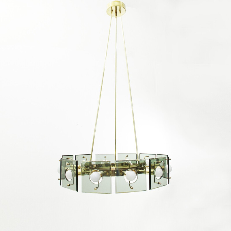 Vintage brass 12 lights chandelier by Gino Paroldo - 1950s