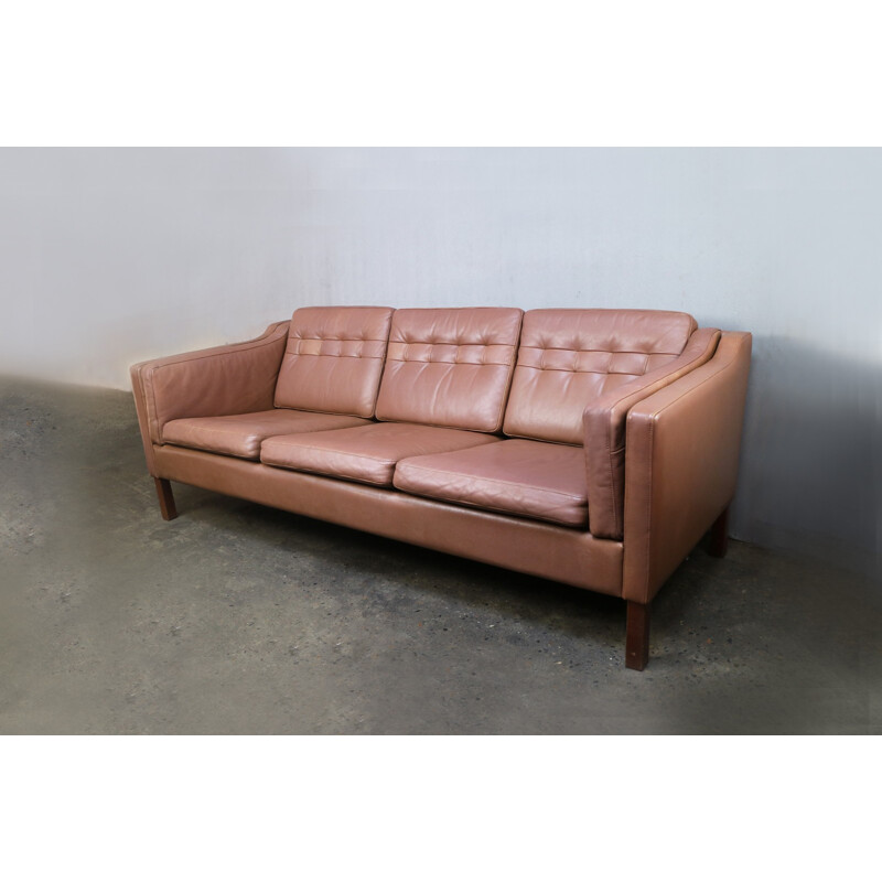 Vintage scandinavian 3 seat brown leather sofa - 1970s