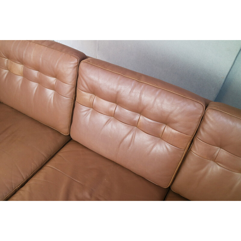 Vintage scandinavian 3 seat brown leather sofa - 1970s