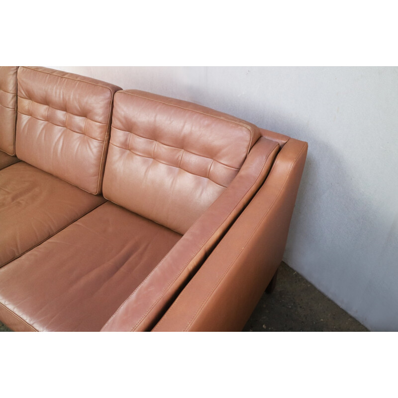 Vintage scandinavian 3 seat brown leather sofa - 1970s