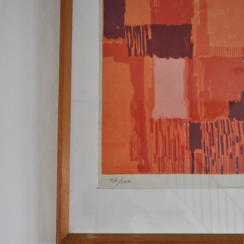 Lithography in reds and orange colours by Hugo de Soto - 1960s