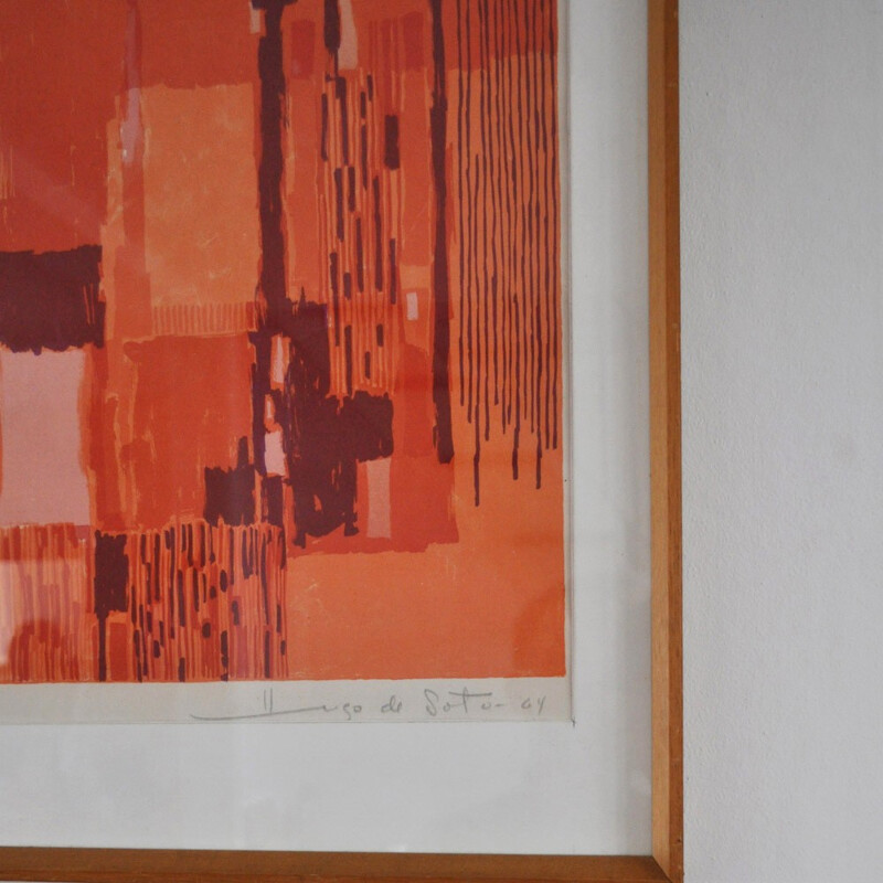 Lithography in reds and orange colours by Hugo de Soto - 1960s