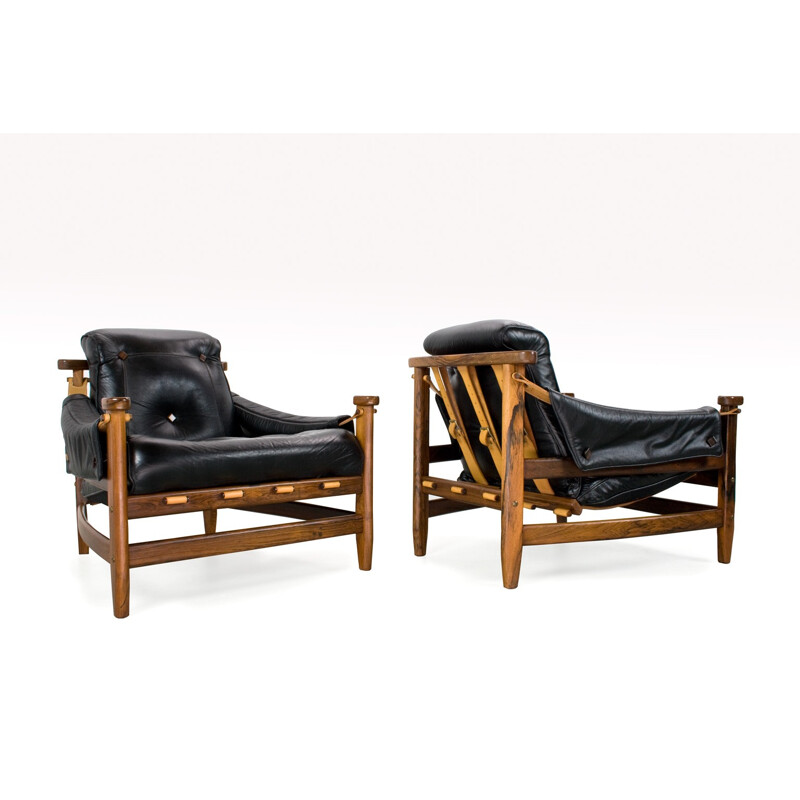 Paire de fauteuil lounge en cuir et palissandre vintage par Jean Gillon pour Wood Art Brazil - 1960