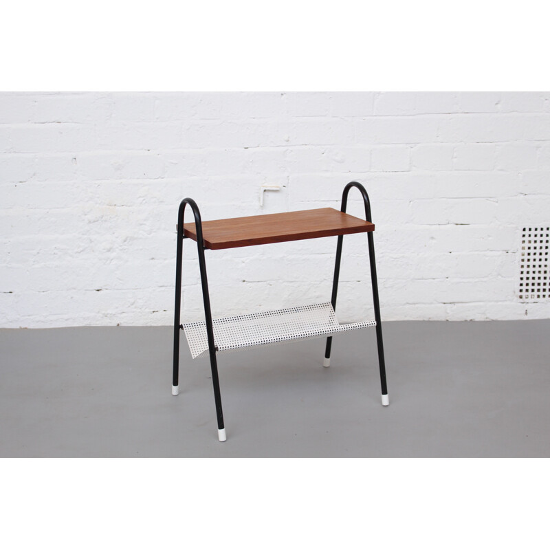 Vintage Dutch Pilastro Metal & Teak Magazine Rack & Side Table - 1970s