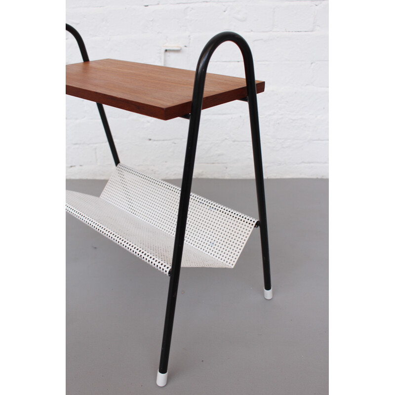 Vintage Dutch Pilastro Metal & Teak Magazine Rack & Side Table - 1970s