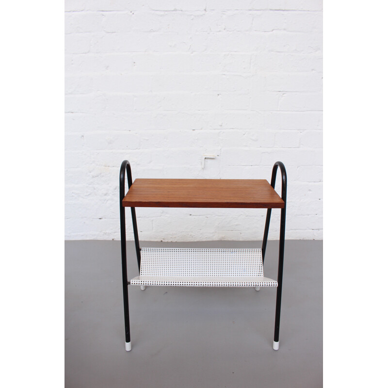 Vintage Dutch Pilastro Metal & Teak Magazine Rack & Side Table - 1970s