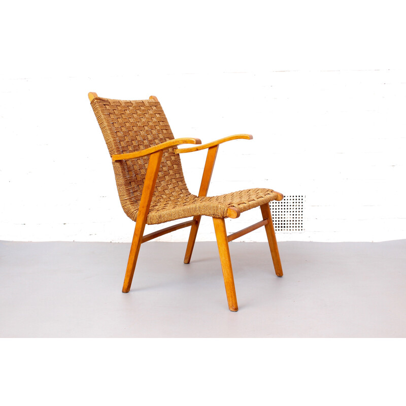 Vintage Dutch Rattan & Beech Lounge Chair By V&D - 1960s