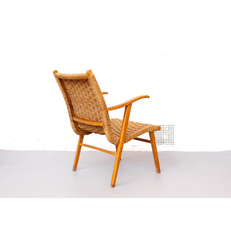 Vintage Dutch Rattan & Beech Lounge Chair By V&D - 1960s