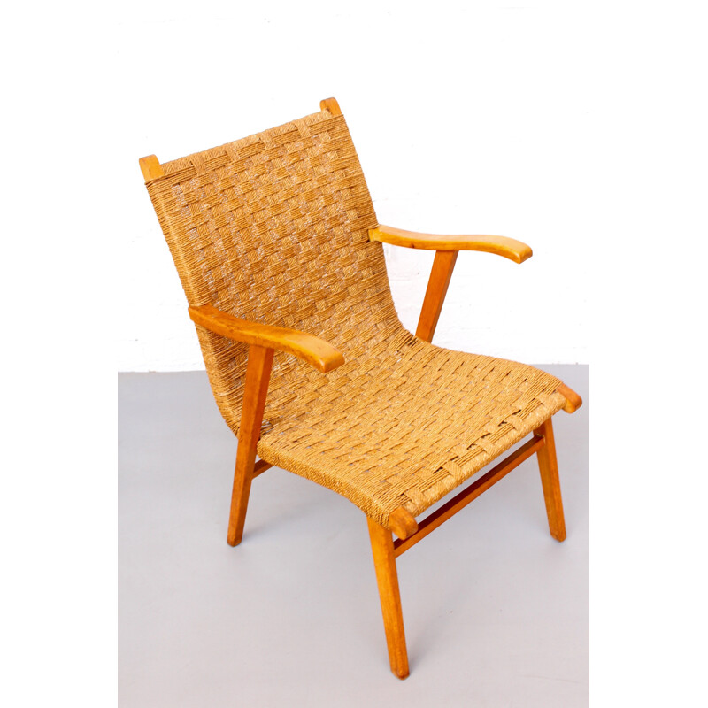Vintage Dutch Rattan & Beech Lounge Chair By V&D - 1960s