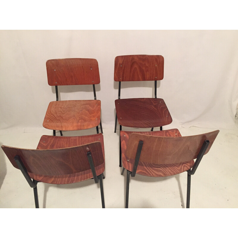 Set of 4 chairs in metal and plated wood - 1960s