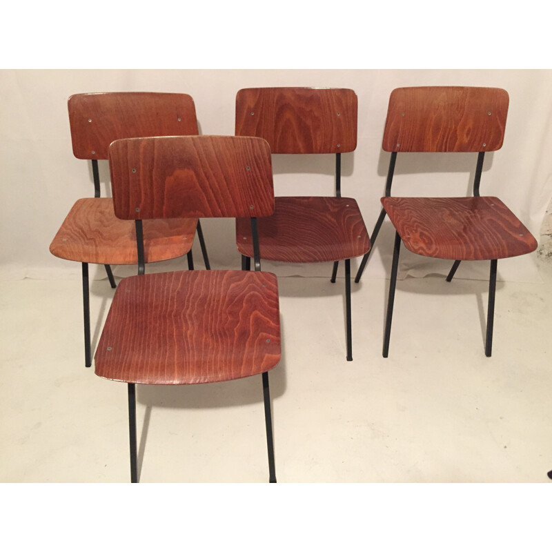 Set of 4 chairs in metal and plated wood - 1960s