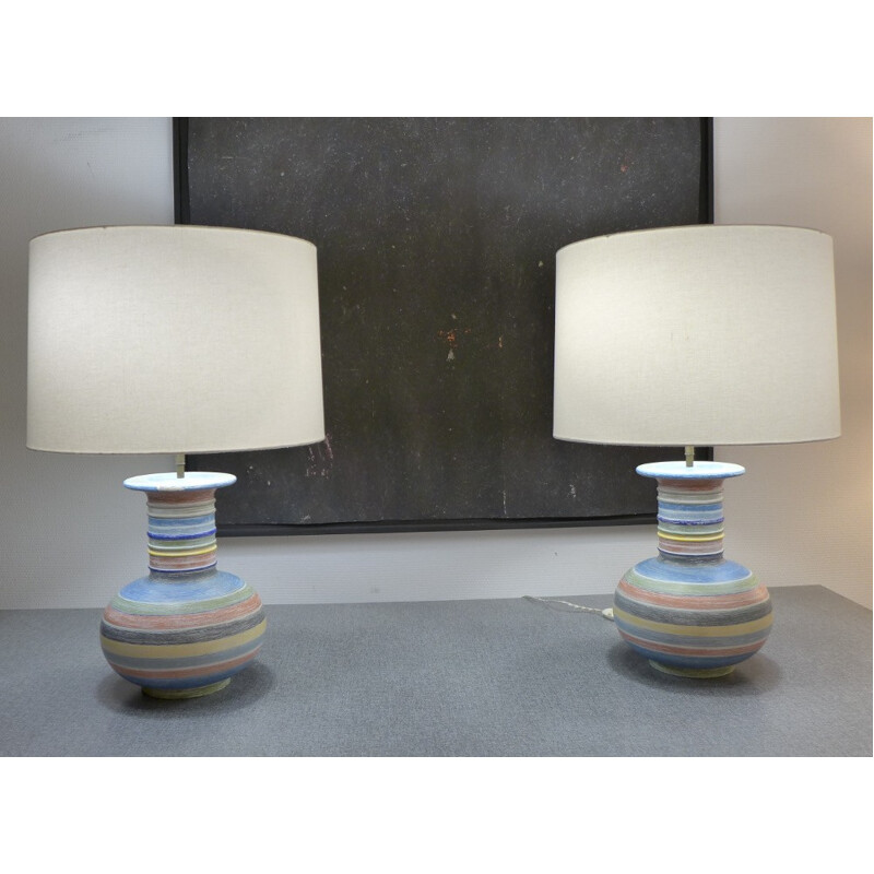 Set of 2 vintage large lamps in turned wood - 1950