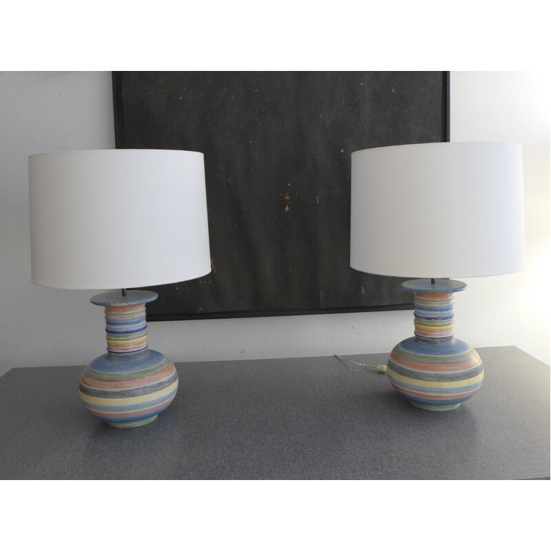 Set of 2 vintage large lamps in turned wood - 1950