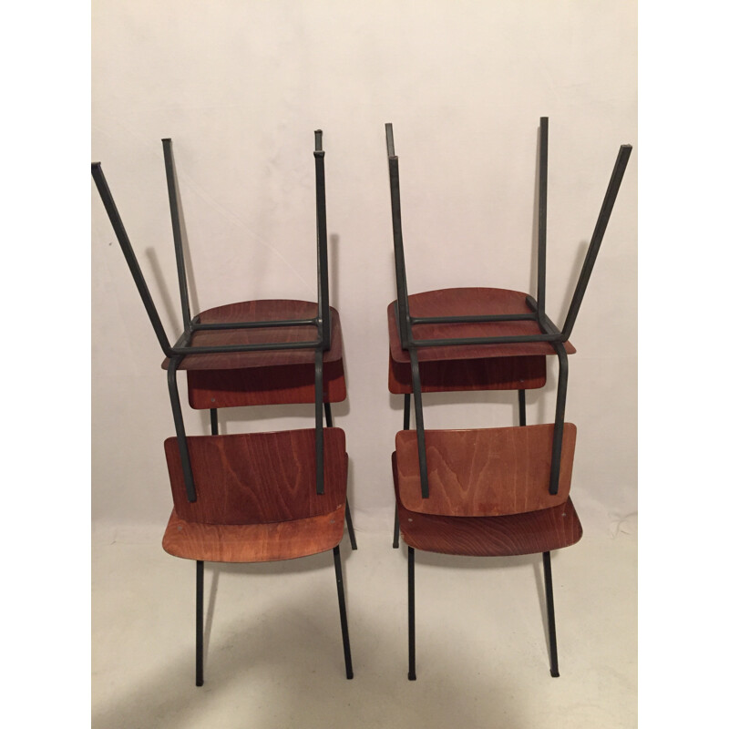 Set of 4 chairs in metal and plated wood - 1960s