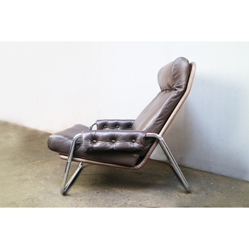 Set of 2 Danish vintage lounge chairs in  leather and chrome - 1970s