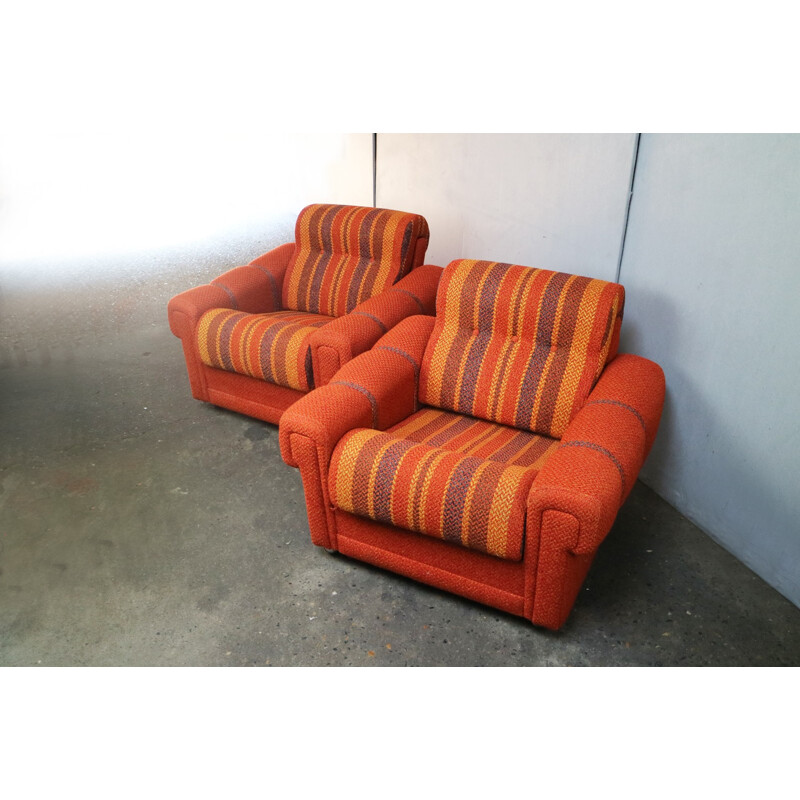 Set of 2 bright orange vintage danish armchairs - 1970s