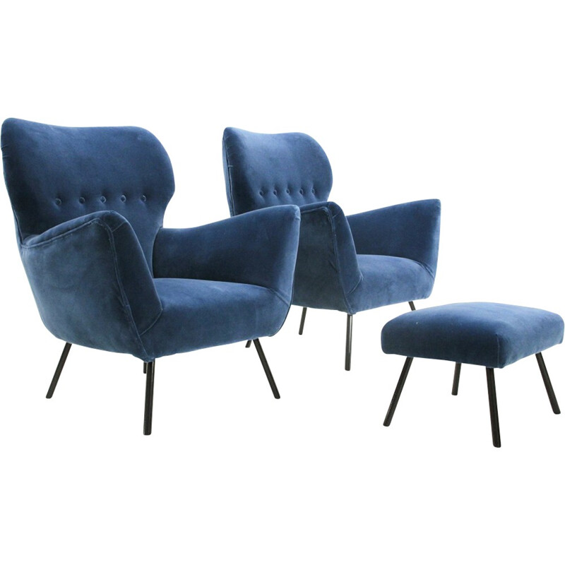 Pair of vintage Italian armchairs with ottoman - 1950s