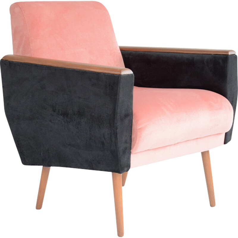 Vintage square armchair in Pink and black velvet - 1960s