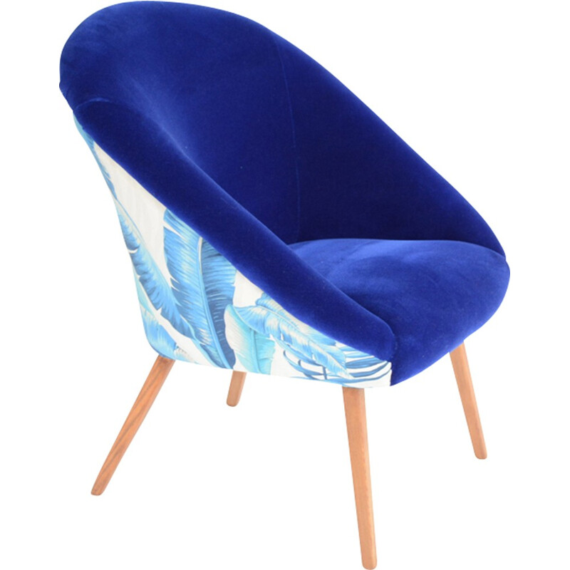 Vintage "Shell" armchair with exotic blue fabric - 1960s