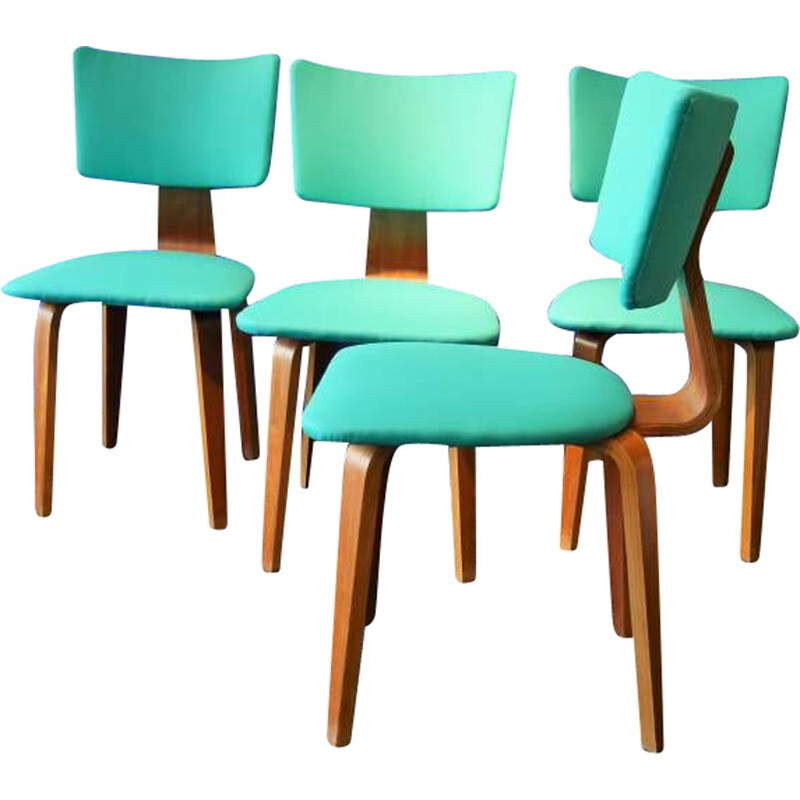 Suite de 4 chaises en contrepaqué et tissus turquoise par Cors Alons - 1950