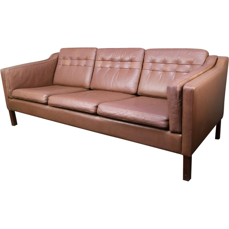 Vintage scandinavian 3 seat brown leather sofa - 1970s