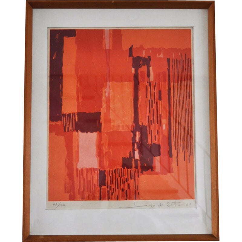 Lithography in reds and orange colours by Hugo de Soto - 1960s