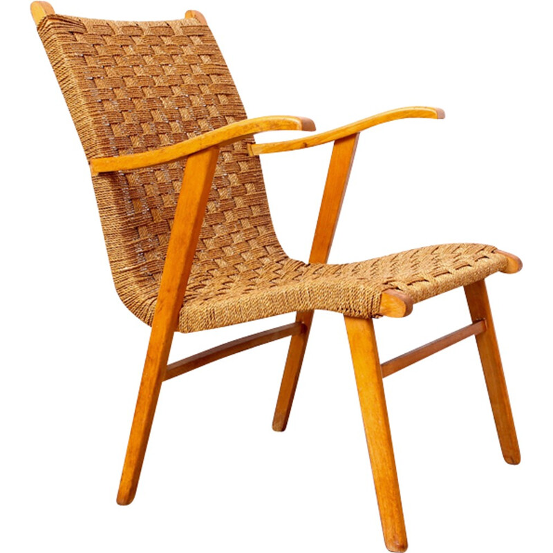 Vintage Dutch Rattan & Beech Lounge Chair By V&D - 1960s