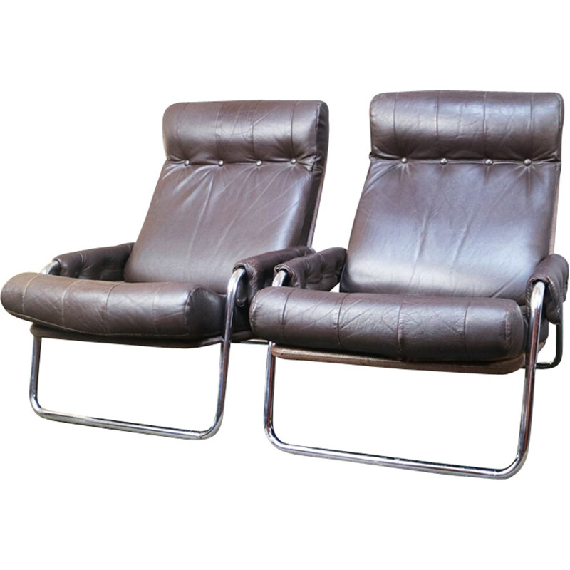 Set of 2 Danish vintage lounge chairs in  leather and chrome - 1970s
