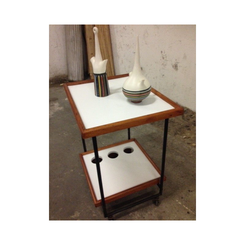 Vintage modernist serving table in white lacquered wood, 1940